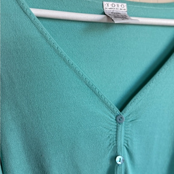 XOXO Y2K Cardigan Form Fitting Women's Button-Up Teal Aqua V Neck 3/4 Sleeve Med - Picture 2 of 8